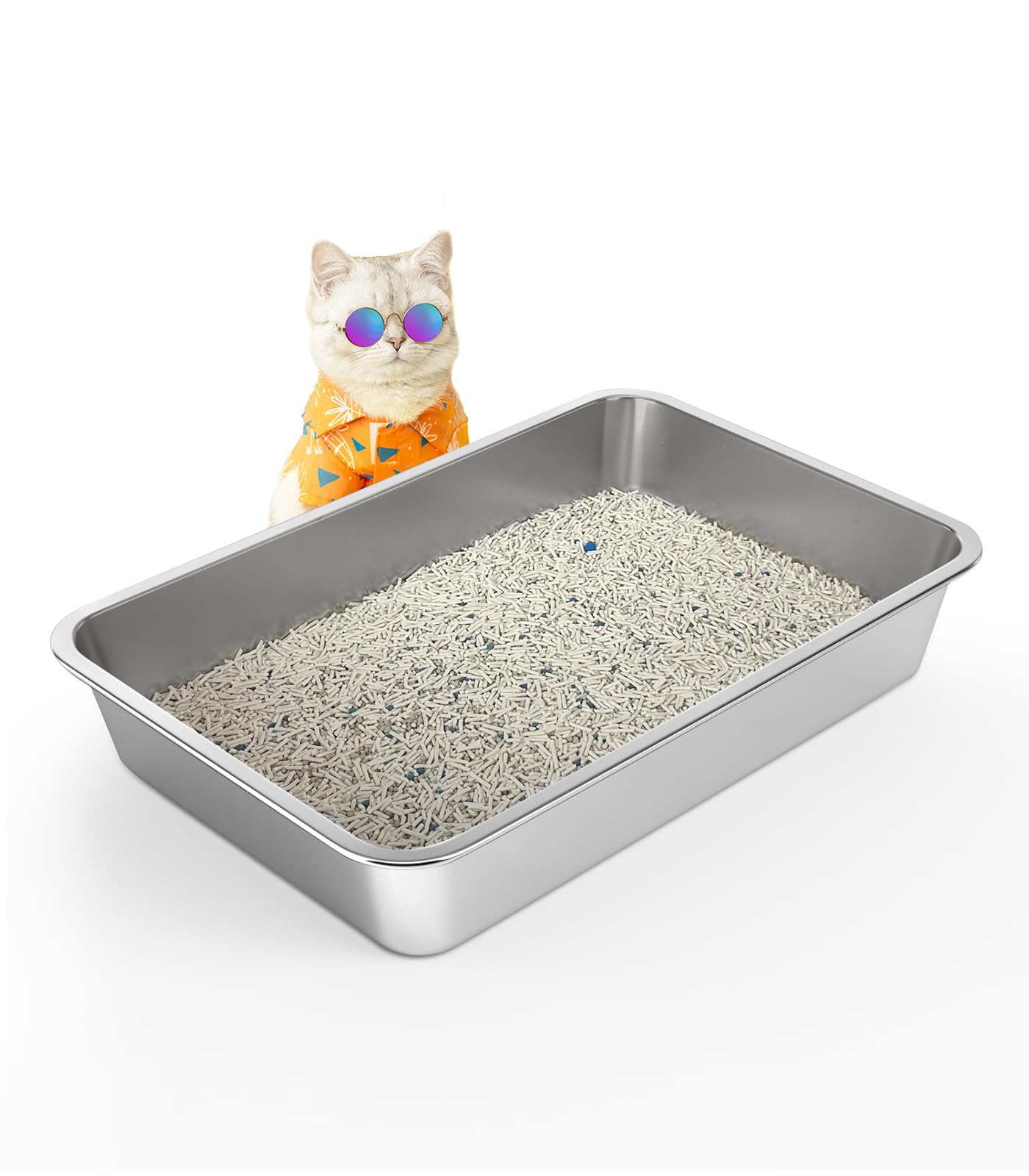 Wenbokmin Stainless Steel Cat Litter Box, 4In Shallow Litter Box For Senior Cats And Kittens, Large Metal Litter Pan Nonstick Od