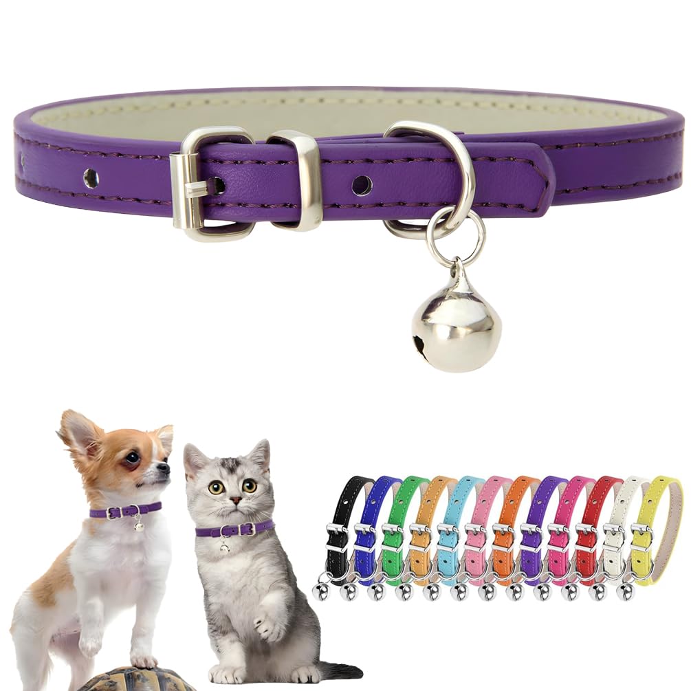 Purple Puppy Collar With Bell Faux Leather Xxs Dog Collar With Bell Adjustable Buckle Kitten Cat Collars For Xxsmall Xs Tiny Lit