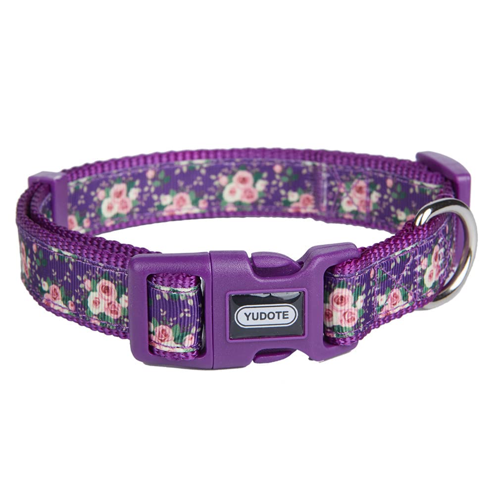 Yudote Floral Dog Collars Adjustable Nylon Collar With Quick Release Buckle For Female Male Dogs, Purple, Large