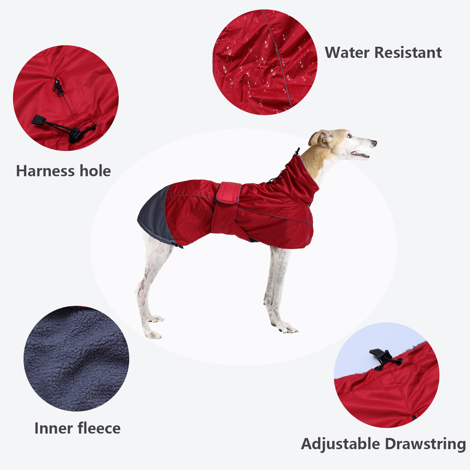 Greyhound Lurcher Winter Coat, Whippet Jacket With Padded Fleece, Water Resistant Dog Snowsuit With Adjustable Bands And High Reflective Be Safety - Red - Xsmall