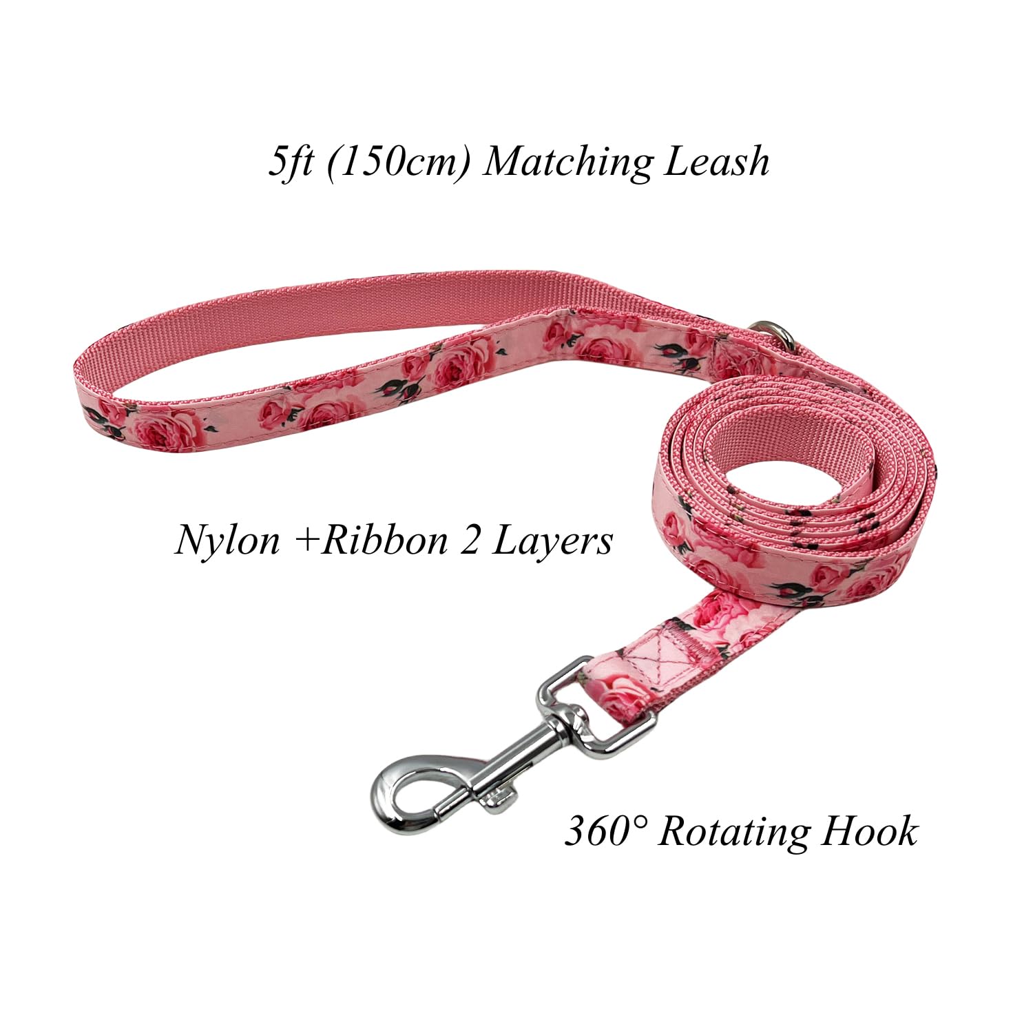 Olahibi Dog Collar Leash Set, Floral Pattern, Nylon Webbing Plus Cotton Ribbon, 5Ft Matching Leash, For Medium Dogs.(M, Pink Ros