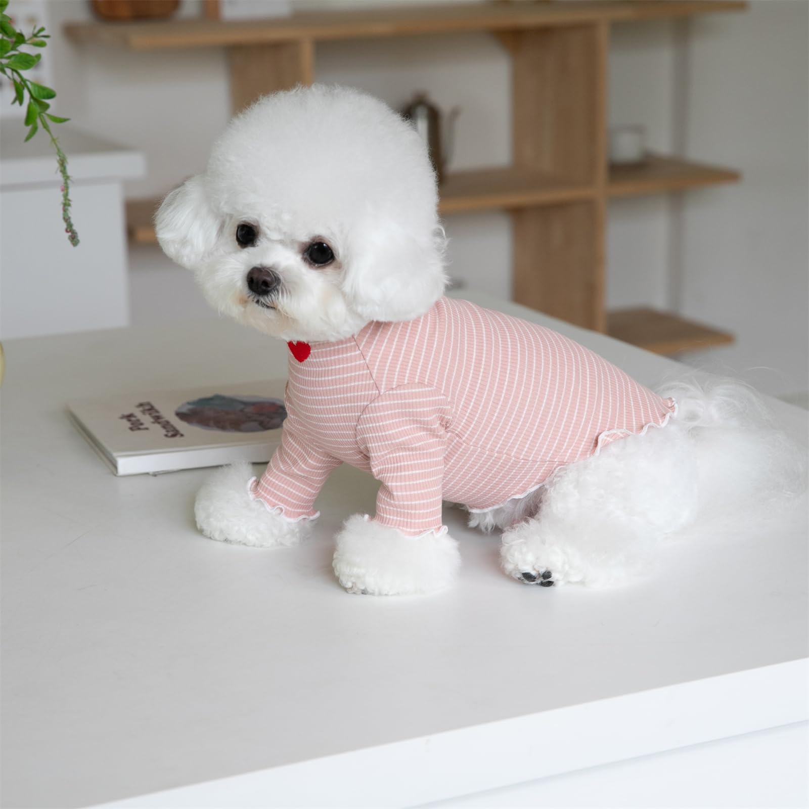 Yaopelky Dog Shirt For Small Medium Dogs Striped T-Shirt With Heart Embroidery Stretchable Ruffle Dog Clothes For Chihuahua Schn