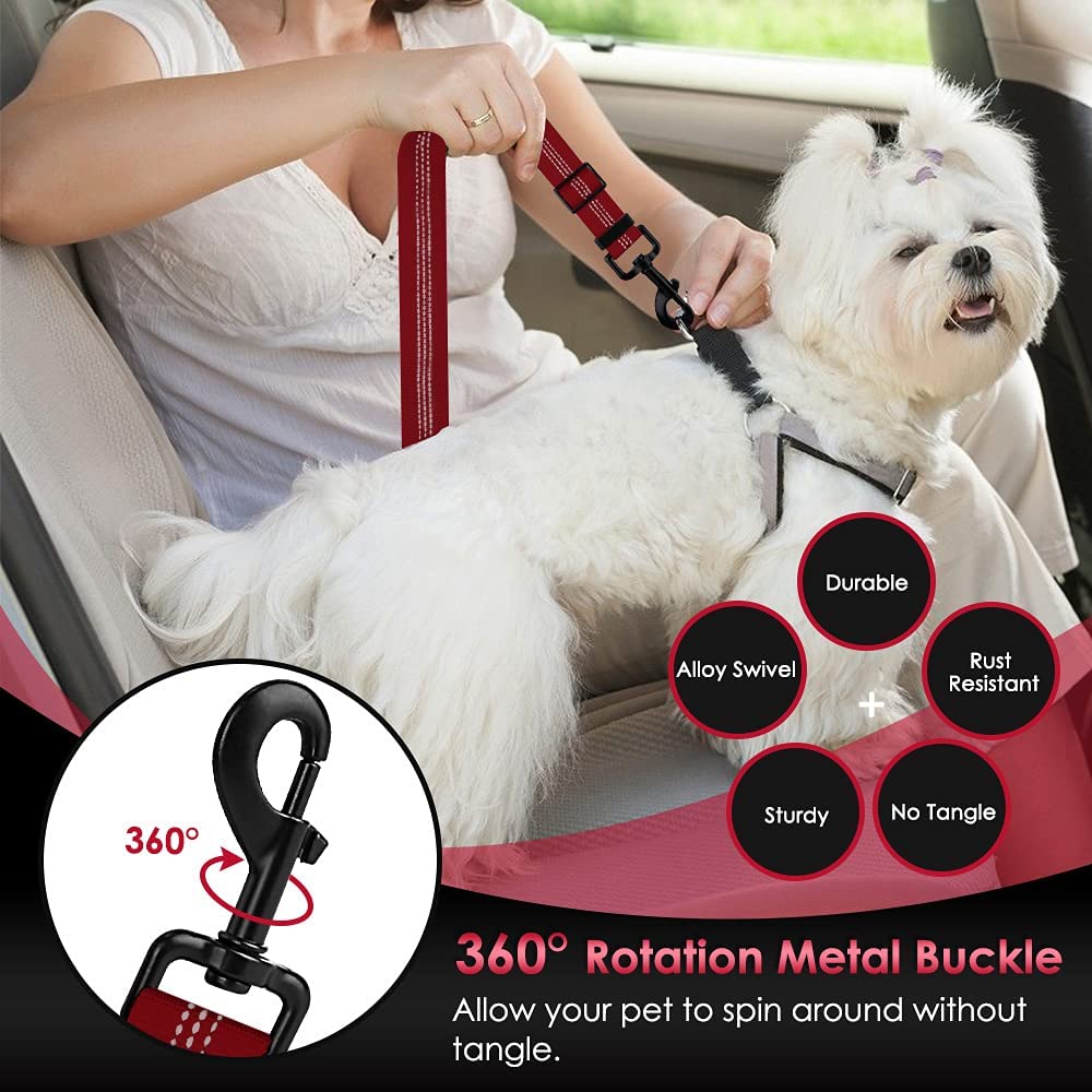 SlowTon Dog Seat Belt, Adjustable 27.55" Nylon Leash, Reflective Red, Model STP38N, Elastic Bungee Buffer for Safety