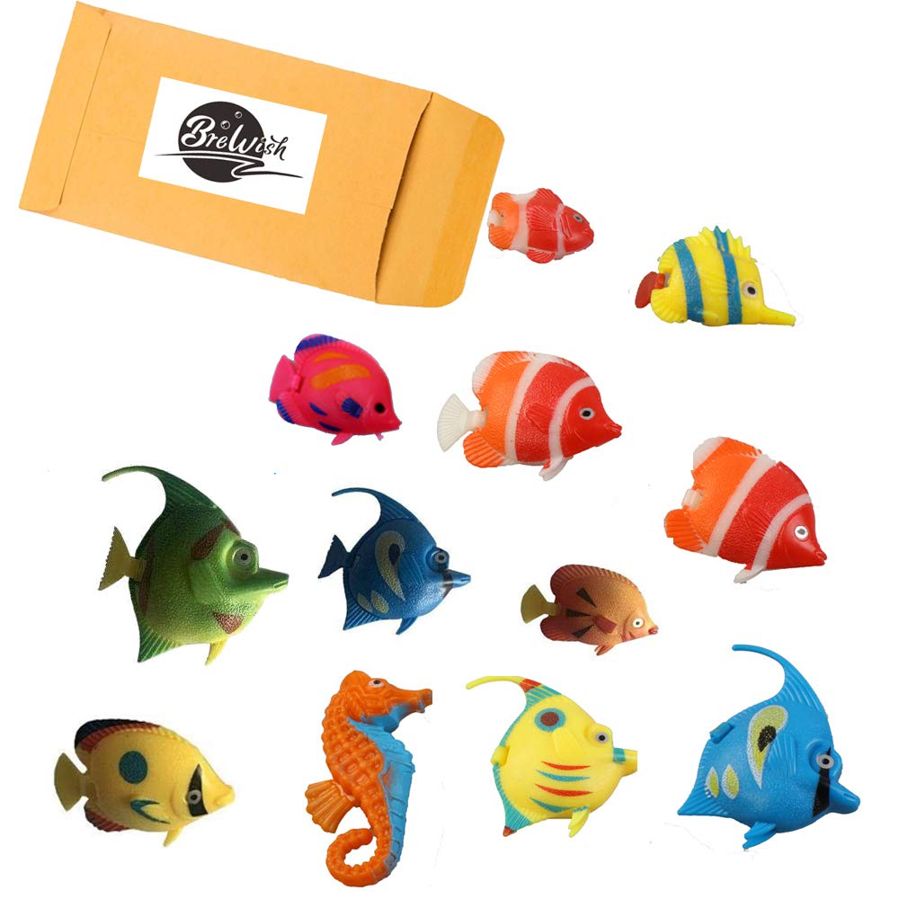 Brewish Artificial Lifelike Plastic Fish For Aquarium Tank Decorations Ornaments | Random Pattern Moving Floating Fishes Toy For Swimming In Bubble Tube Lamp Accessories – 12 Pieces Set