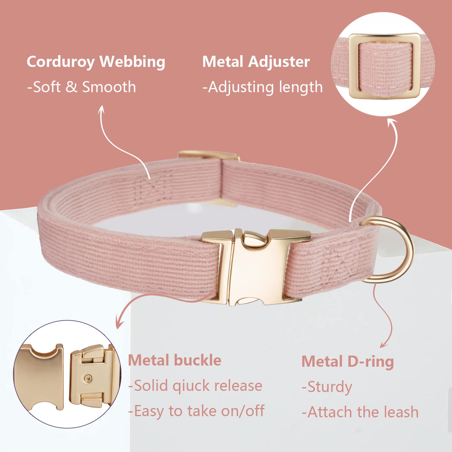 Ewinoom Soft Corduroy Dog Collar and Leash Set, Adjustable Cotton Dog Collars with Metal Buckle and Lead for Small Dogs,Baby Pin