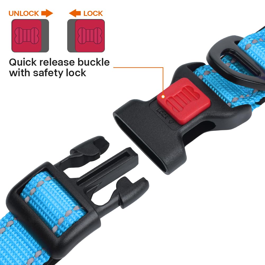 Taglory Reflective Dog Collar With Safety Locking Buckle, Adjustable Nylon Pet Collars For Extra Large Dogs Female Male, Sky Blue, Xl