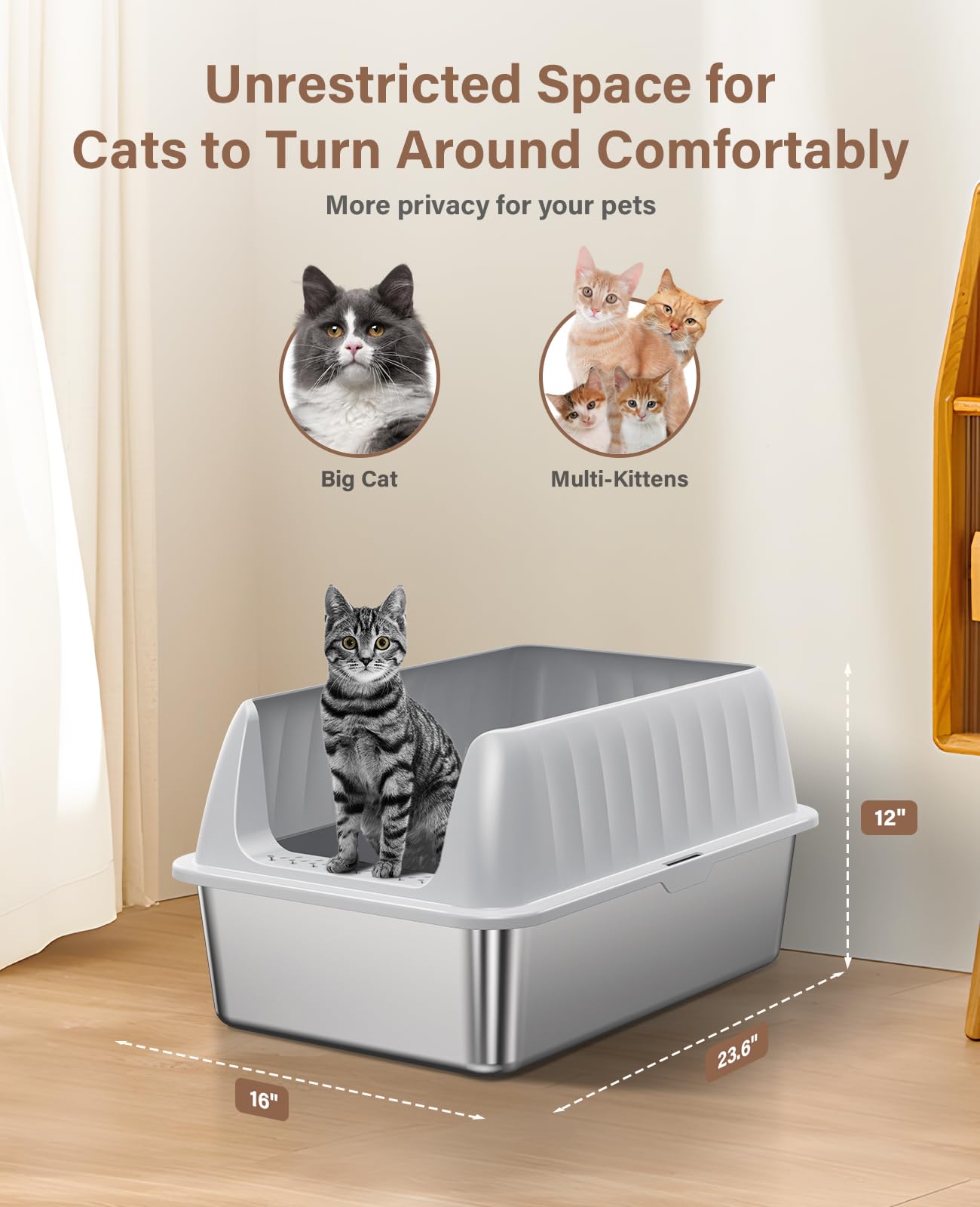 Stainless Steel Litter Box With Lid, Extra Large Metal Litter Box Pan With Scoop For Cats High Sided, Non-Sticky, Anti-Urine Lea