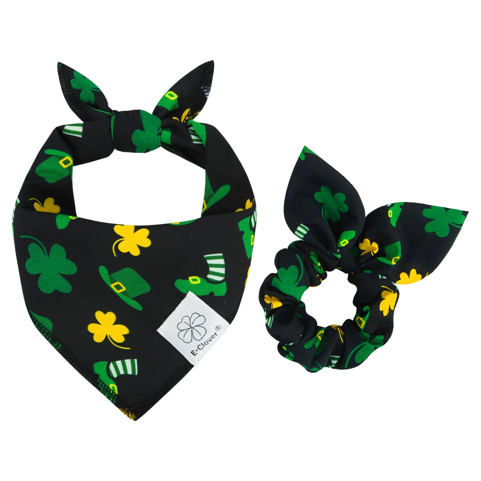 E-Clover Spring Dog Bandana & Matching Scrunchie-Shamrock Dog Bandanas Irish Pet Scarf Bib For Samll Dogs Puppy Girl Boy Owner G