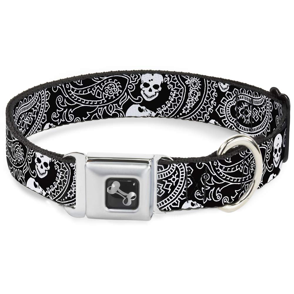 Buckle-Down Seatbelt Buckle Dog Collar - Bandana/Skulls Black/White - 1' Wide - Fits 15-26' Neck - Large
