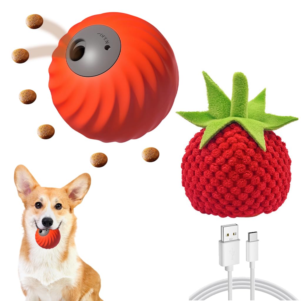Qpets Toys for Dogs, Dog Toys Ball & Slow Feeder, Fun Strawberry Design & Rolling Pet Slow Feeder Puzzle Ball Toy to Stop Boredo