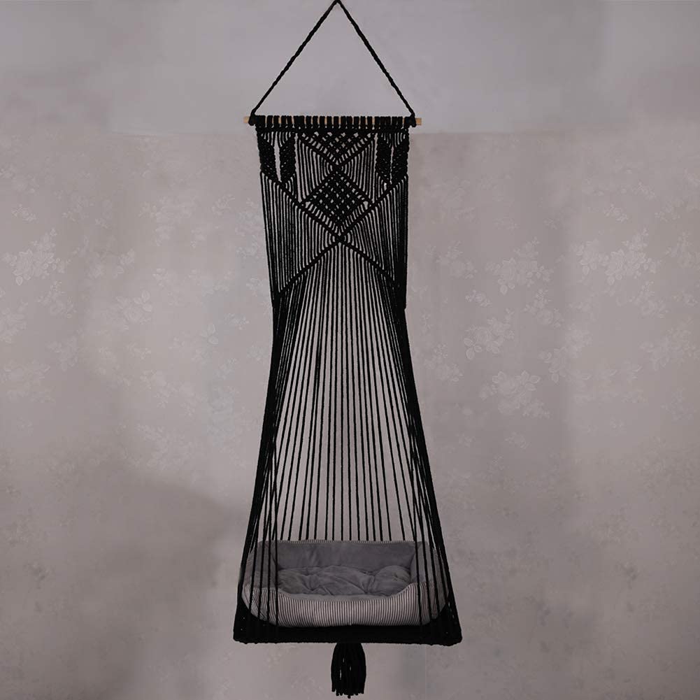 Doralus cat Bed cat Hammock Macrame cat Swing Bed cat cage cotton Rope Hanging cat House cats Toy Tassel Basket Tapestry (Black,