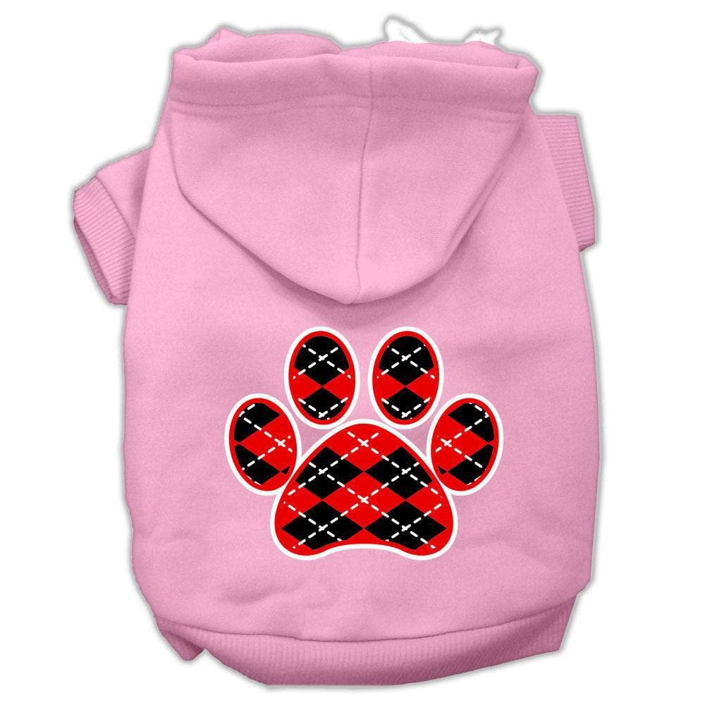 Pet Dog & Cat Hoodie Screen Printed, Red Argyle Paw Light Pink LG (10-14 lbs.)