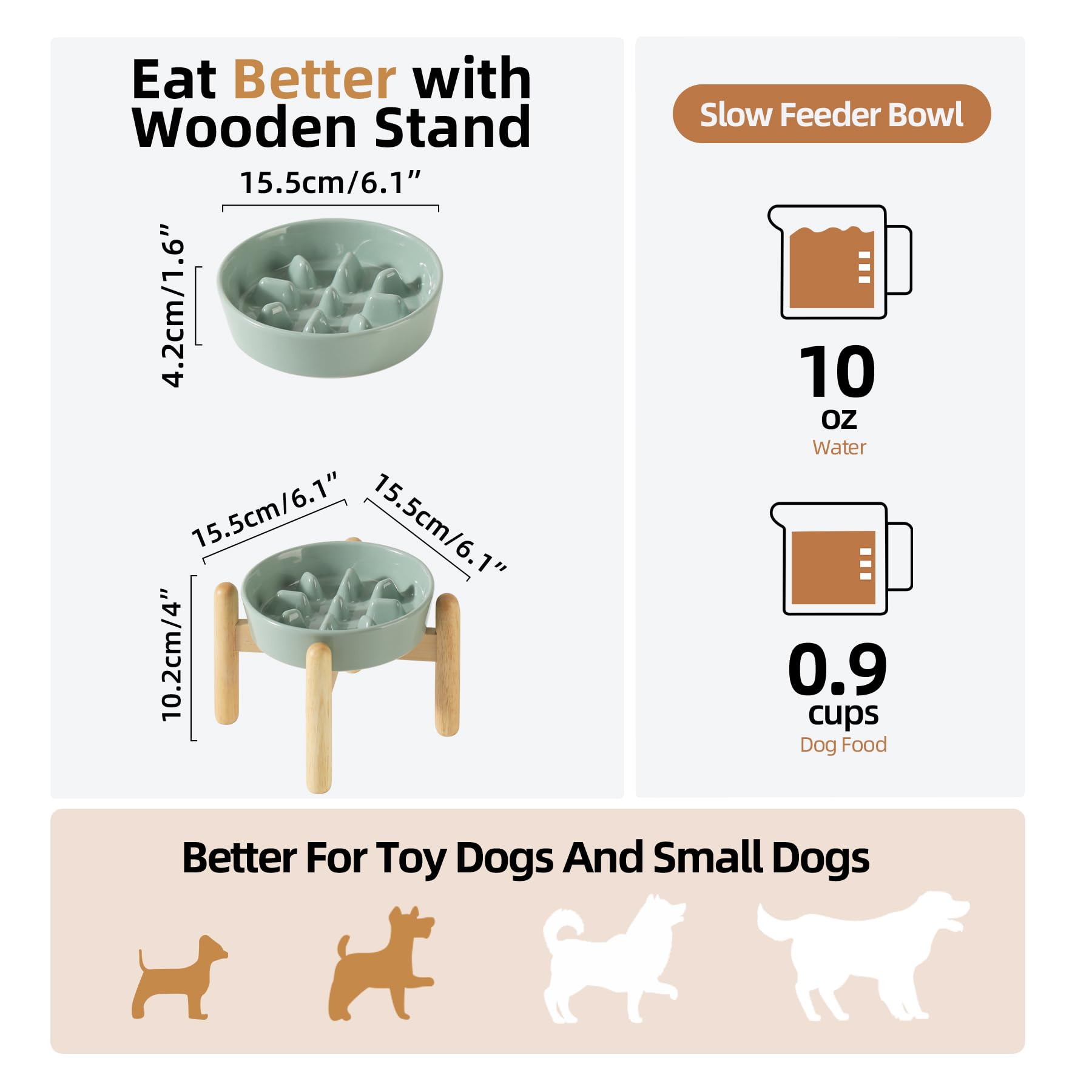 Havniva Ceramic 0.9 Cup Dog Raised Slow Feeder Set, Elevated Bowl with Wooden Stand for Small Dog, 6.1inch Pet Slow Feeder Dish