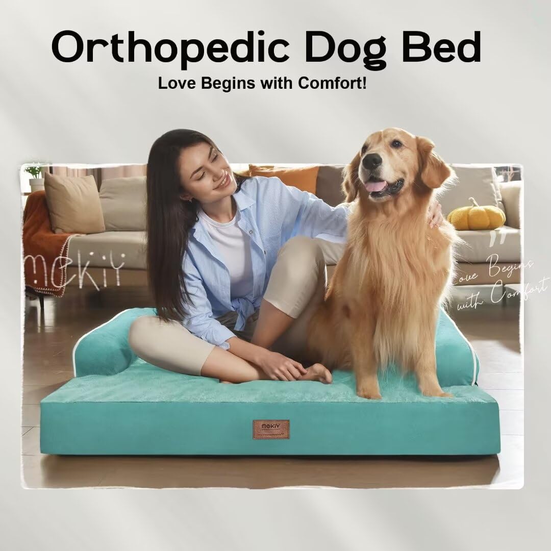 Orthopedic Washable Large Dog Bed, Dog Beds With Removable Cover, Large X Xl Pet Dog With Bolster, Washable Aqua Blue Dog Beds With Orthopedic Egg Foam For Medium Large Dogs