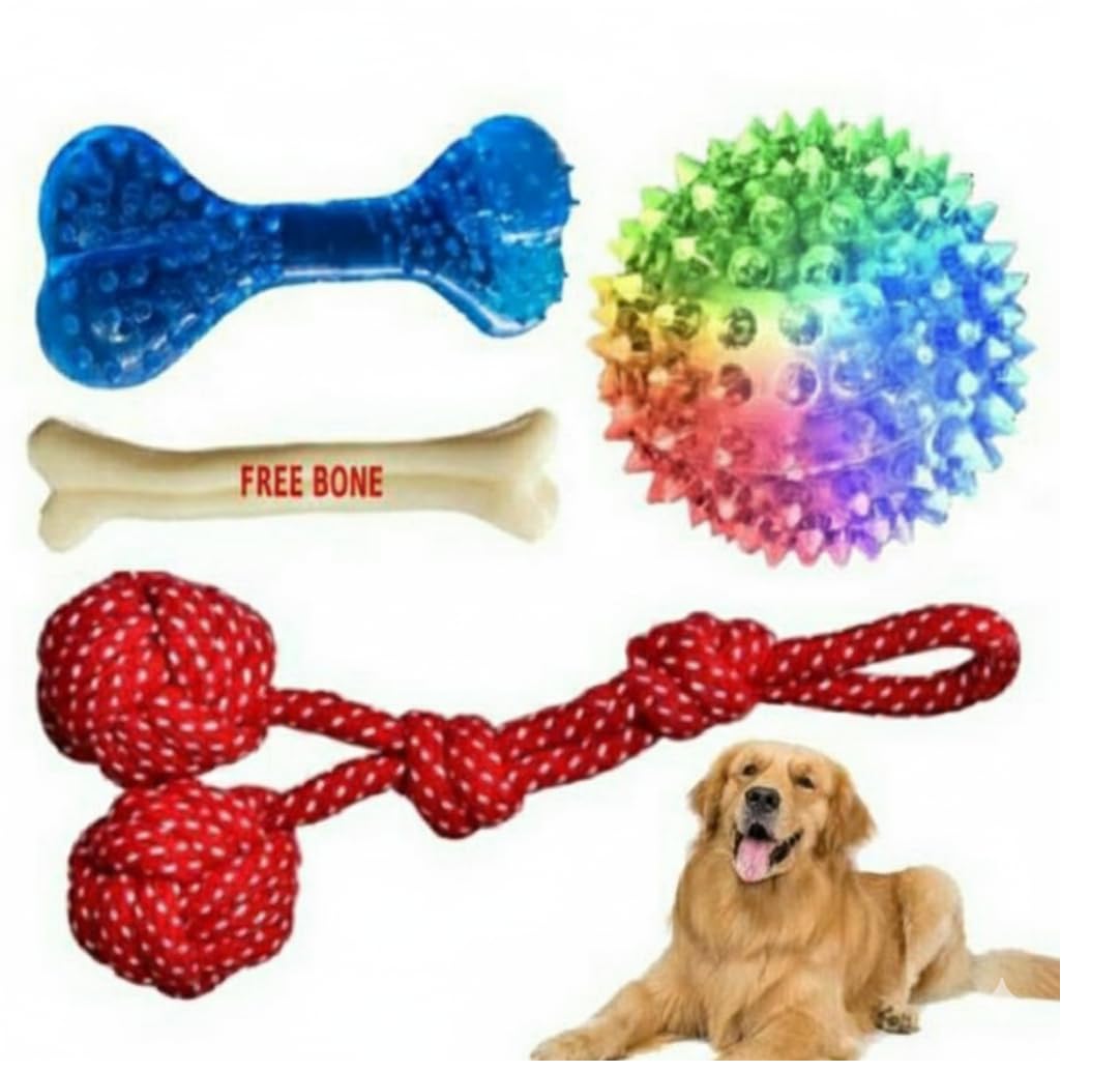 Pawezzy Dog Toy Combo Set for Dogs & Puppies | Chew Bone, Rope Toy, Rubber Spiked Ball & Light Ball | Durable Pet Toys for Small