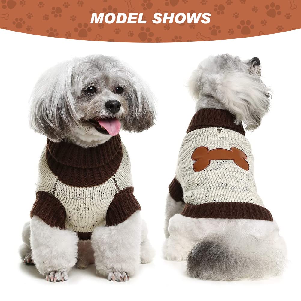 Bingpet Turtle Neck Dog Sweater - Brown Bone Pattern - Puppy Winter Warm Cloth For Small Medium Large Dogs