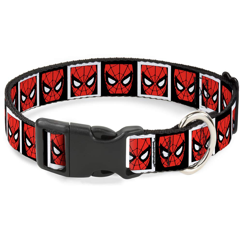 Dog Collar Plastic Clip Spider Man Face Black White Blocks 16 To 23 Inches 1.5 Inch Wide