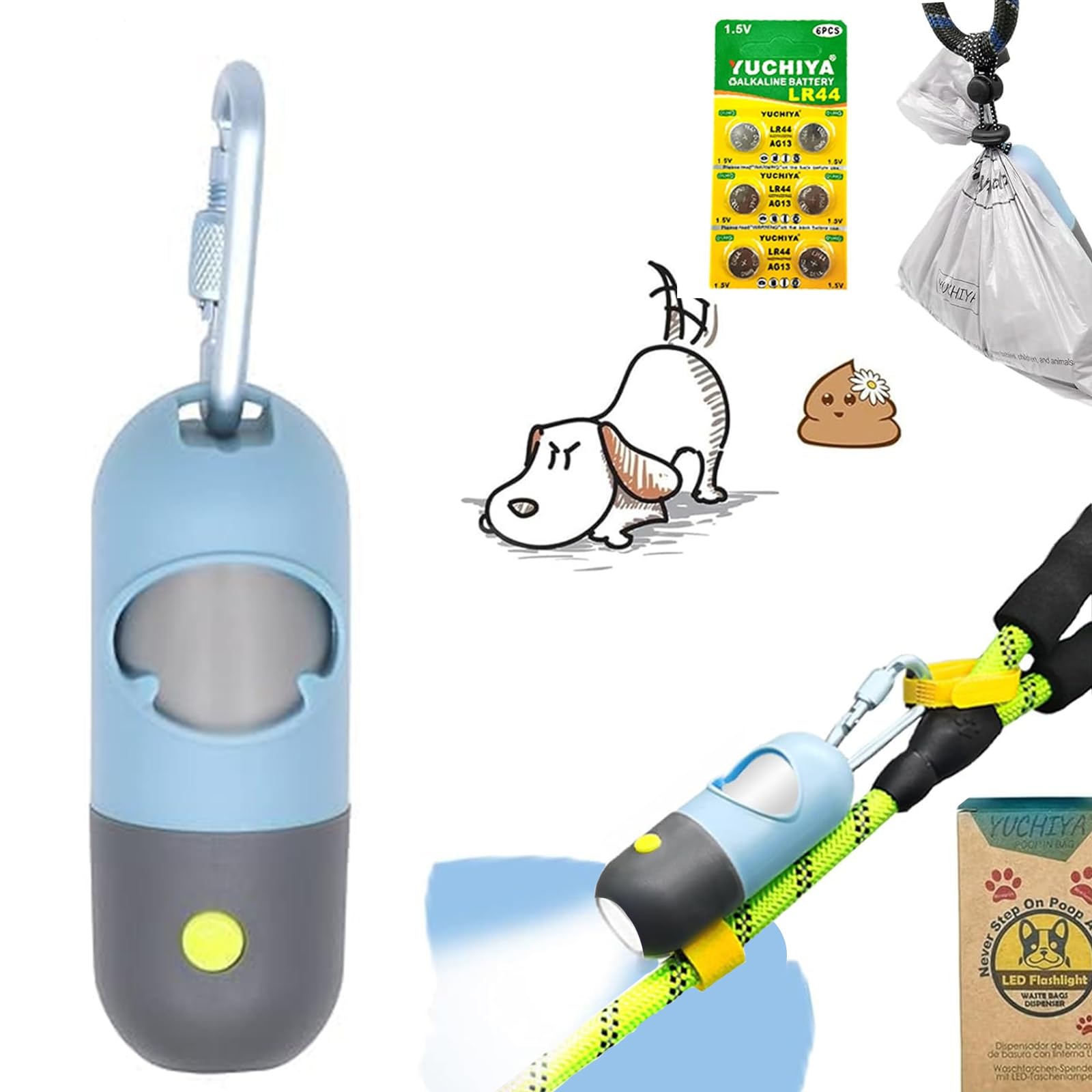 Yuchiya Dog Poop Bags Holder With Led Flashlight, Sky Blue, 15 Bags, 3 Accessories