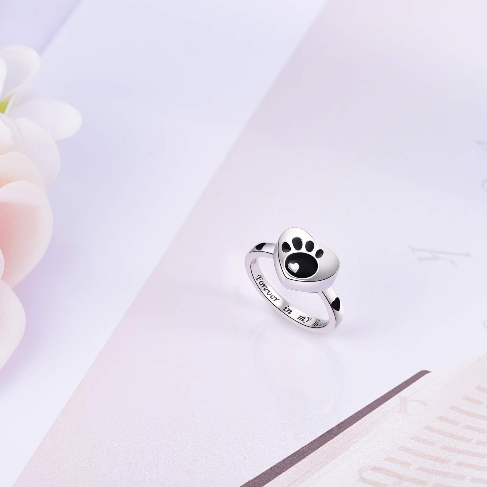 Iohupci Cremation Ring For Ashes 925 Sterling Silver Paw Print Urn Ring Jewelry Keepsake Hold Loved Pets Dog Cat Ashes (Black, 9