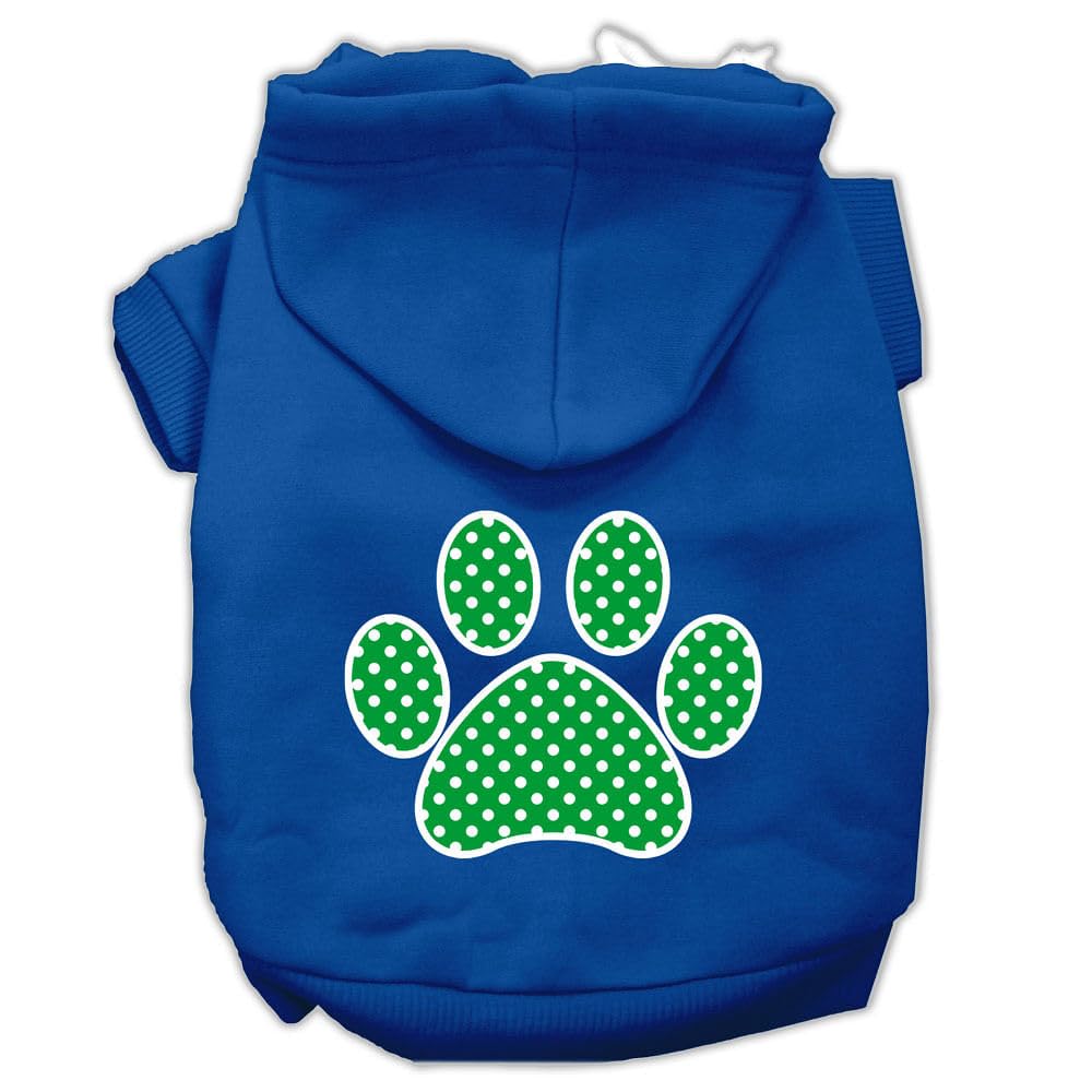 Pet Dog & Cat Hoodie Screen Printed, 'Green Swiss Dots Paw' Blue Lg (10-14 Lbs.)