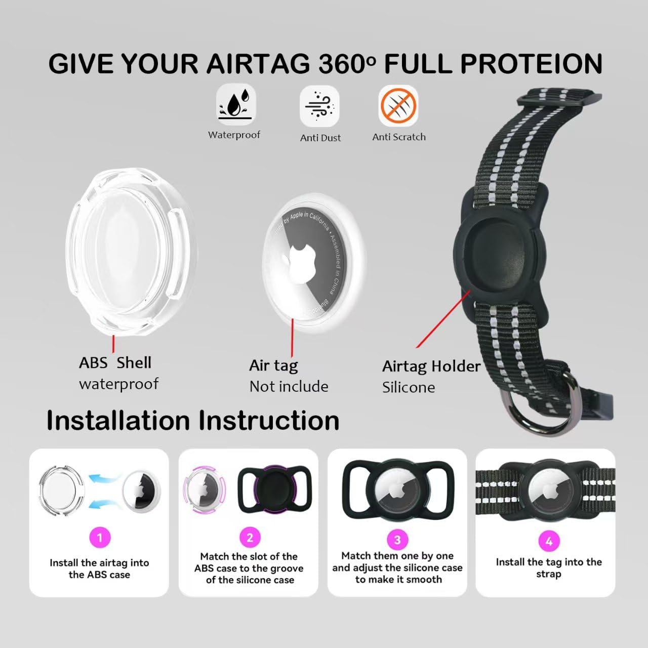Dokitag Reflective Dog Collar With Apple Airtag Holder & Qr Code Pet Id Tag,Soft Nylon Adjustable Dog Tracker Collar With Safety