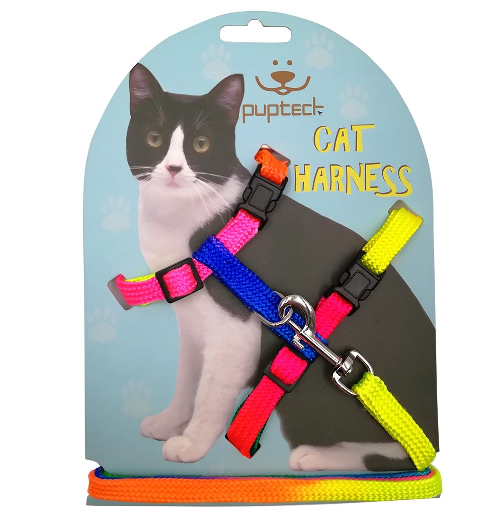 PUPTECK Adjustable Cat Harness and Leash Set Escape Proof Kitten Strap Collar for Walking Travel, Multicolor