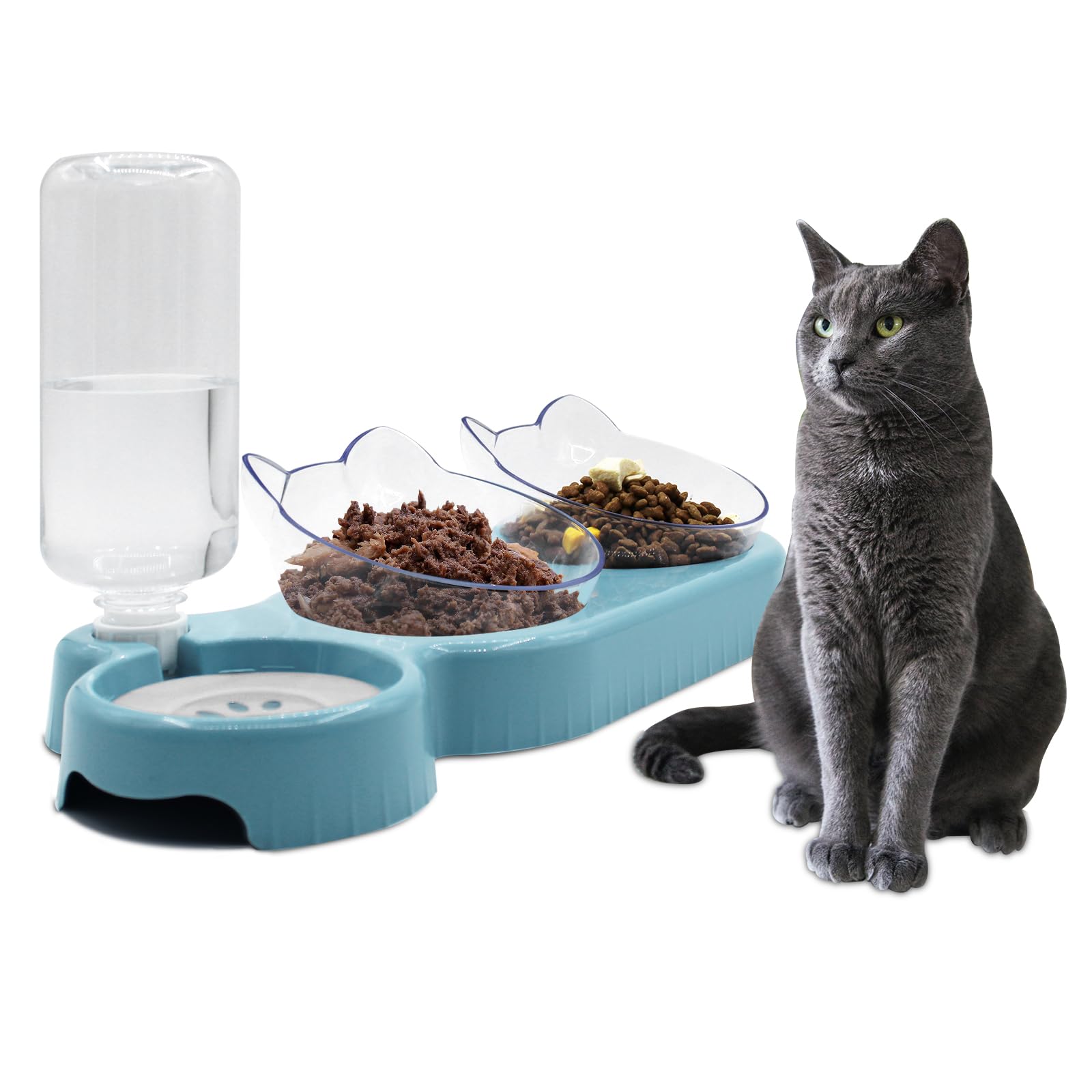 Sky Blue Triple Cat Bowls with 15 Tilt, 3-in-1 Automatic Water & Food Feeder, Whisker-Friendly Elevated Dishes for Small Cats & 