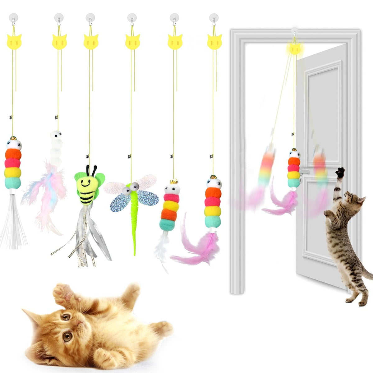 Jechrochen 2025 New 6 Pcs Interactive Feather Cat Toys, Retractable Indoor Teaser For Self Play, Hanging Toy For Kitten Chase, F