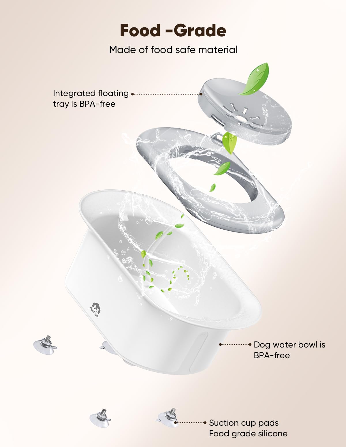 Petpath Dog Water Bowl 2.2L/75Oz - No Spill Splash-Proof Design, Anti-Slip Suction Base & Slow Flow Dripless Dispenser, Large Ca