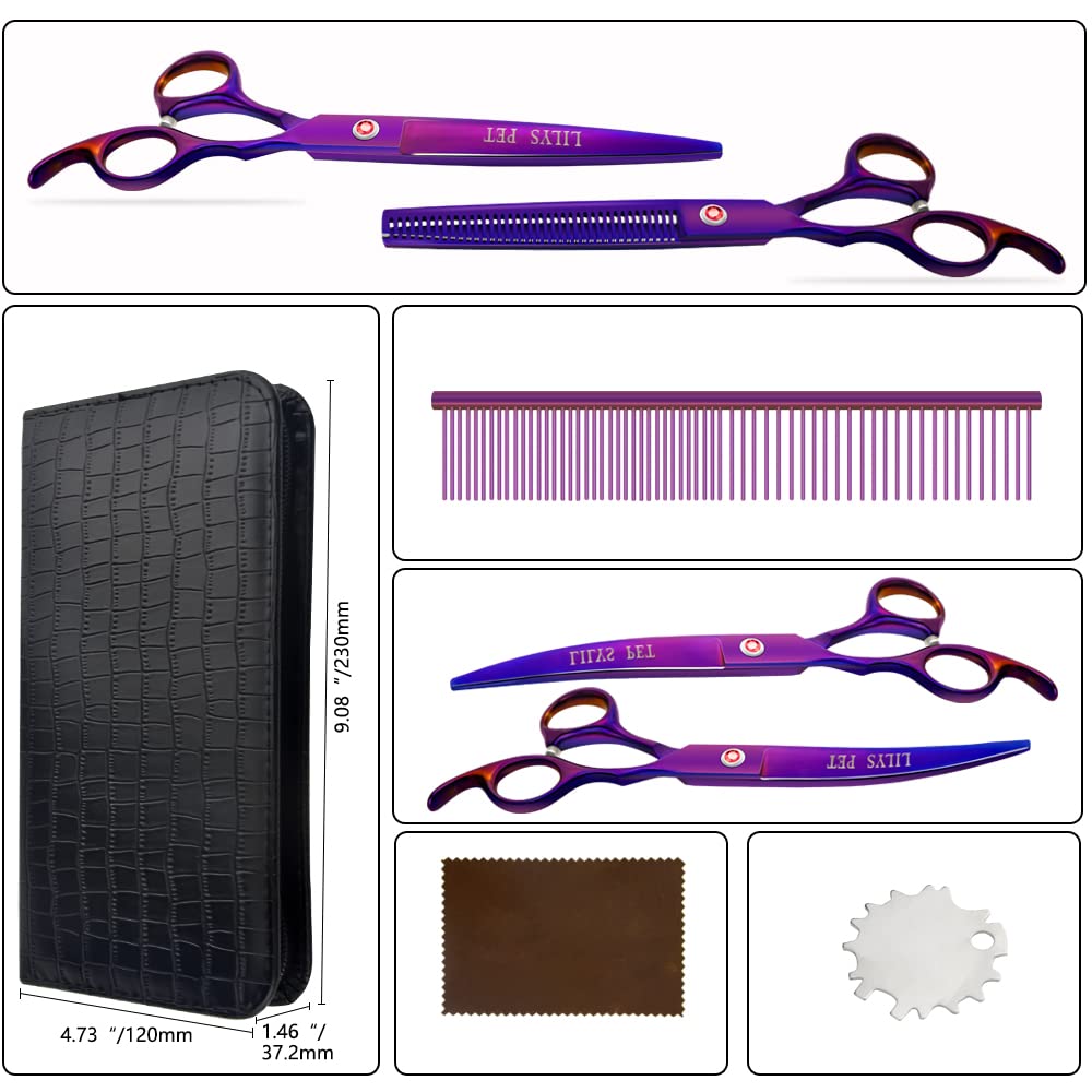 Lilys Pet Professional Pet Dog Grooming Coated Titanium Scissors Suit Cutting&Curved&Thinning Shears (7.5 Inches, Purple)…