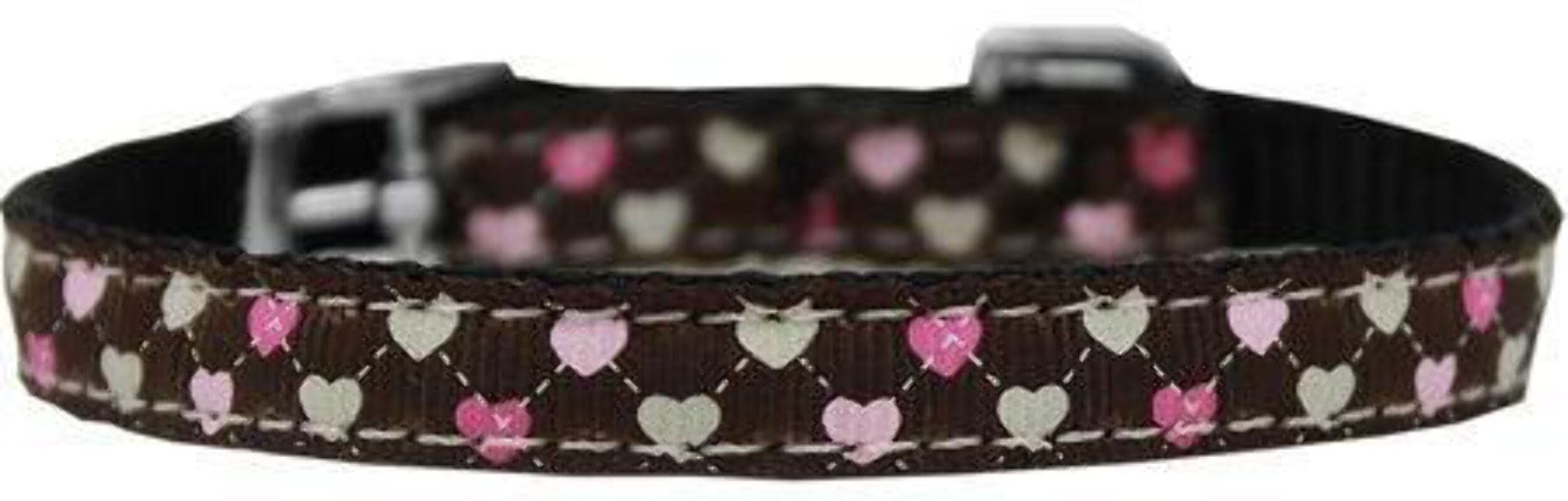 Mirage Pet Products Argyle Hearts Nylon Dog Collar with Classic Buckle 3/8&quot; Brown, Size 12