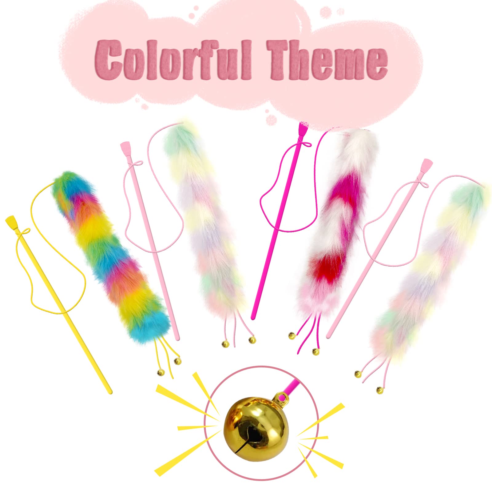 Lepawit 4 Pack Cat Wand Toy, Rainbow Cat Feather Toys With Bells, Teaser Wand With Soft Furry Tail, Interactive Toys For Indoor