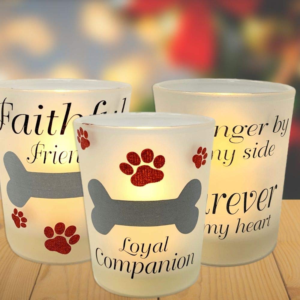Dog Memorial LED Candle Holder Set of 3 with Pet Memorial Saying - No Longer by My Side Forever in My Heart and Each Includes an
