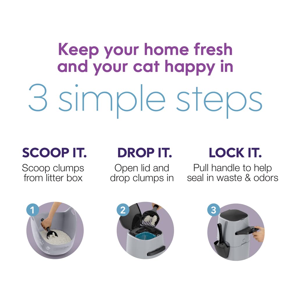 Litter Genie Plus Cat Litter Disposal System, Silver Pail with Odor Control, Includes 1 Square Refill Bag, 17 Deep, 8x8 Across