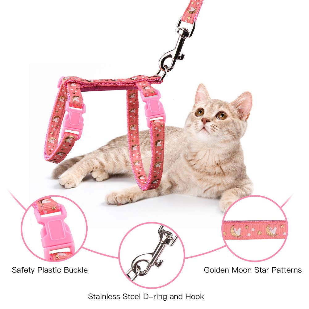 Cat Harness And Leash Set Gold Moons Stars Soft Nylon Escape Proof Adjustable For Kittens Small Animals Glow In The Dark (Pink)