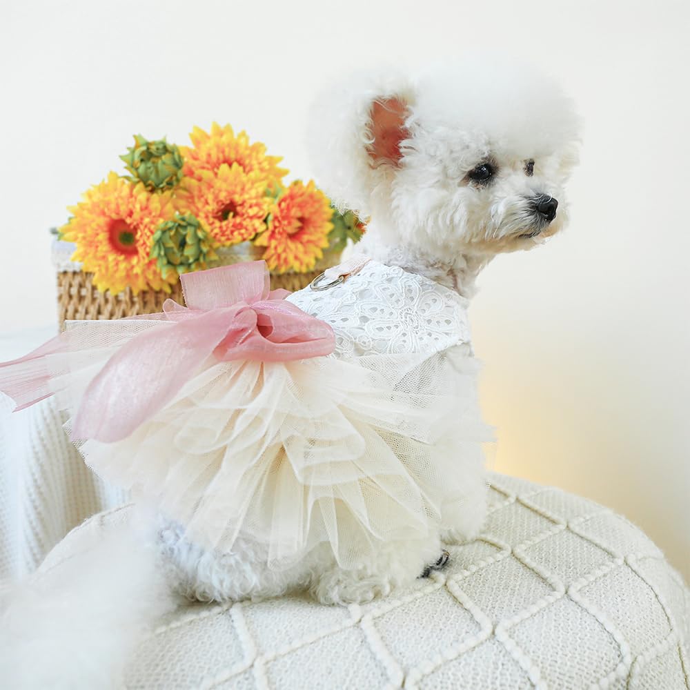 Anelekor White Small Dog Wedding Dress With D-Ring, Bow Knot Puppy Clothes For Small Dog Girl,Cat Birthday Outfit, Pet Party Dre