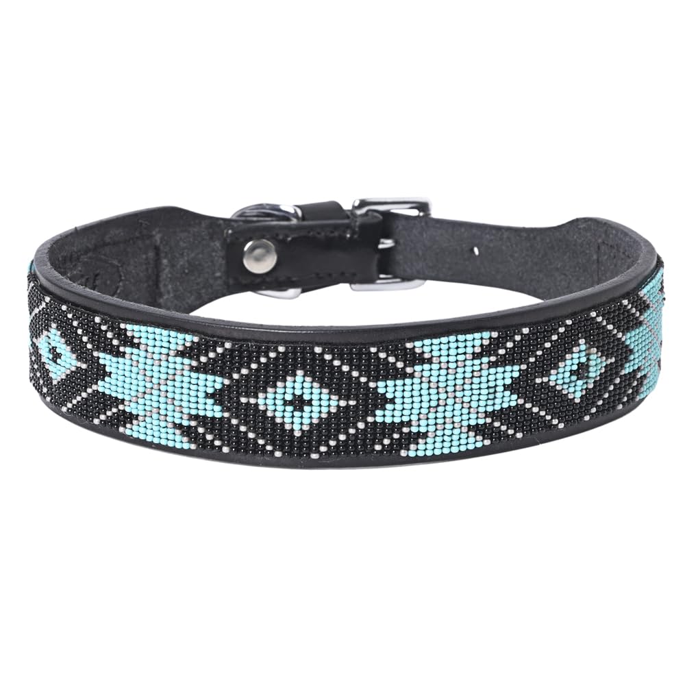 Hilason Black/Turquoise 18 In Western Style Heavy Duty Beaded American Leather Pet Dog Collar| Comfortable Dog Collar