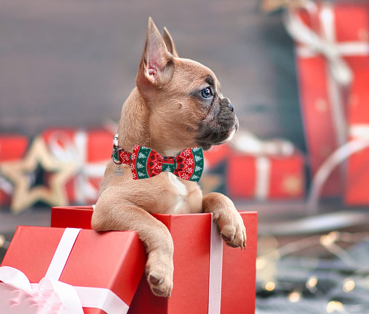 Dogwong Christmas Dog Collar With Bow Tie, Red Green Strip Snowflake Dog Collar Soft Durable Adjustable Cotton Puppy Collar For