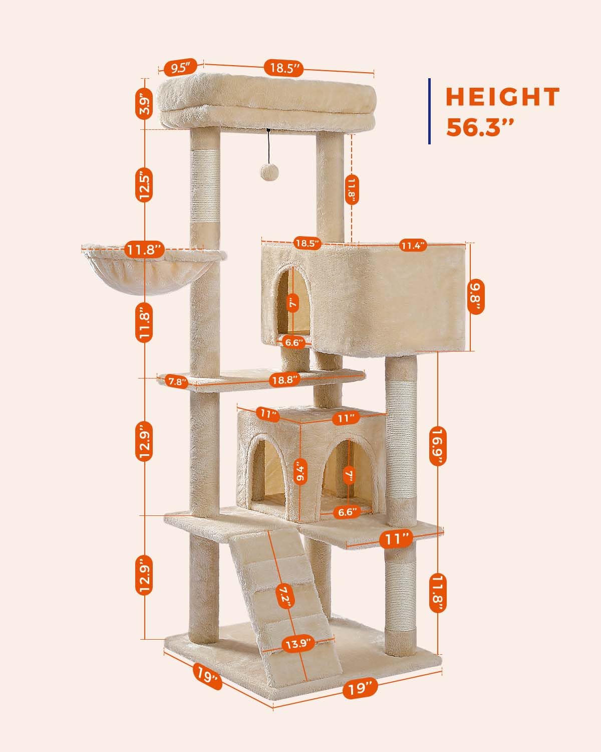 Muttros Cat Tree For Large Cats With Super Large Top Perch,56.2'' Multi-Level Tower For Indoor Cats With Hammock And Sleeping Ba