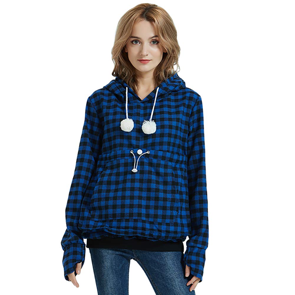 Jomago Womens Pet Carrier Thin Hoodies Kitten Puppy Pouch Shirts Animal Holder Hood Long Sleeve Sweatshirt Plaid Blue