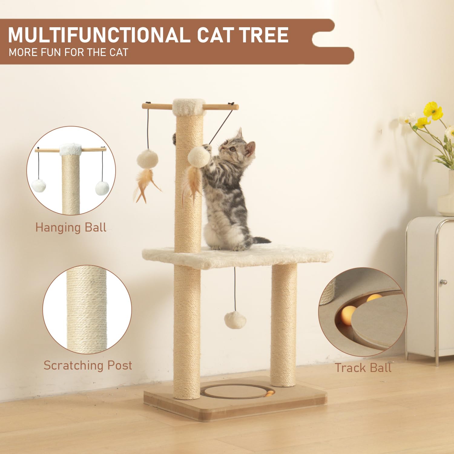 Peekab Cat Scratching Post 31In Tall Sisal Scratch Posts With Perch Tracking Interatcive Toys Vertical Scratcher For Indoor Cats