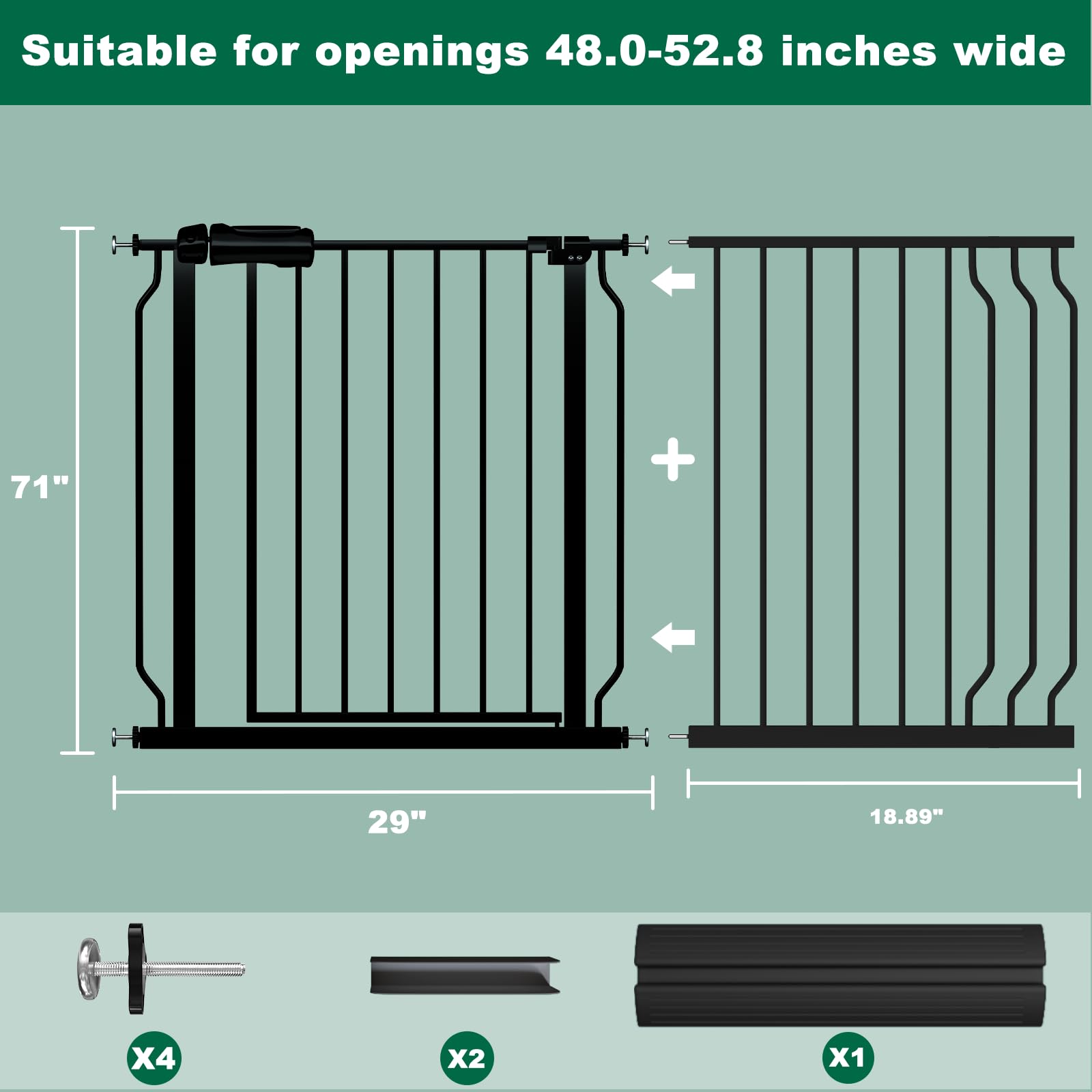 Extra Wide Baby Gate Black 48-53 Inch Wide, Walk Through Pressure Mounted No Drill, Long And Large Tension Gate For Pet And Kids