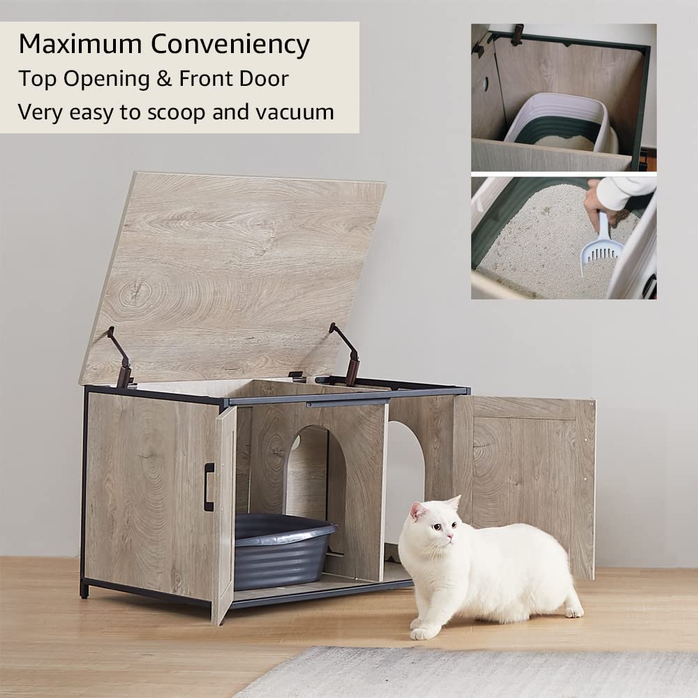 Unipaws Cat Litter Box Enclosure With Top Opening, Suitable For Large Cat, High Jumbo Litter Box, Automatic Litter Box Hidden, Cat House, Privacy Cat Washroom Bench (Weathered Grey)