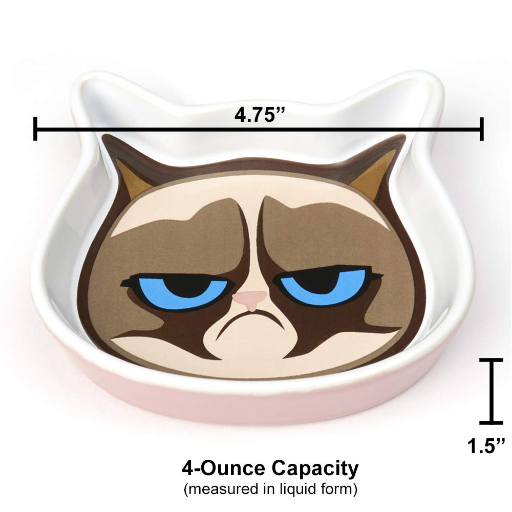 Petrageous G16091 Grumpy Cat Shallow Dishwasher Safe Cat Face Stoneware Saucer 4.75-Inch Wide 4.25-Inch Long 1-Inch Tall 4-Ounce Capacity Great For Cats With Cat Face Logo, Pink
