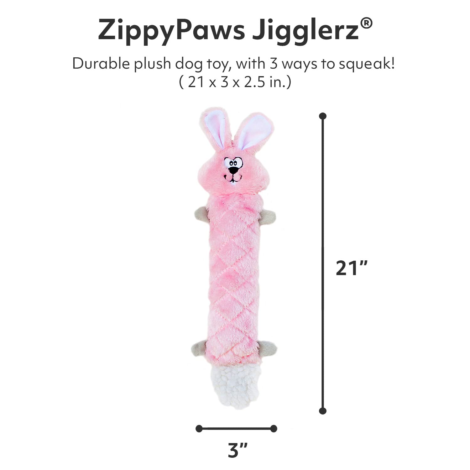 Zippypaws - Jigglerz Tough No Stuffing Squeaky Plush Dog Toy With Crinkle Head And Tail - Bunny