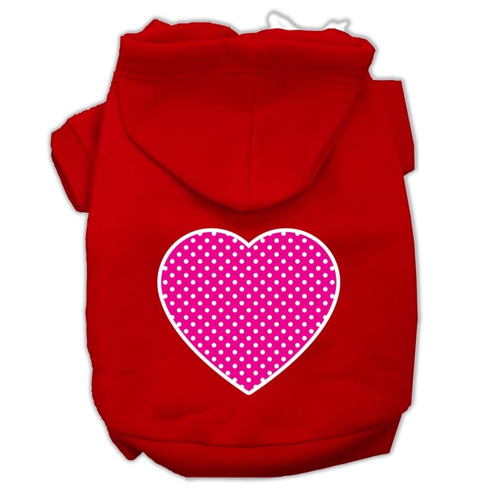 Pet Dog & Cat Hoodie Screen Printed, 'Pink Swiss Dots Heart' Red Xs (0-3 Lbs.)