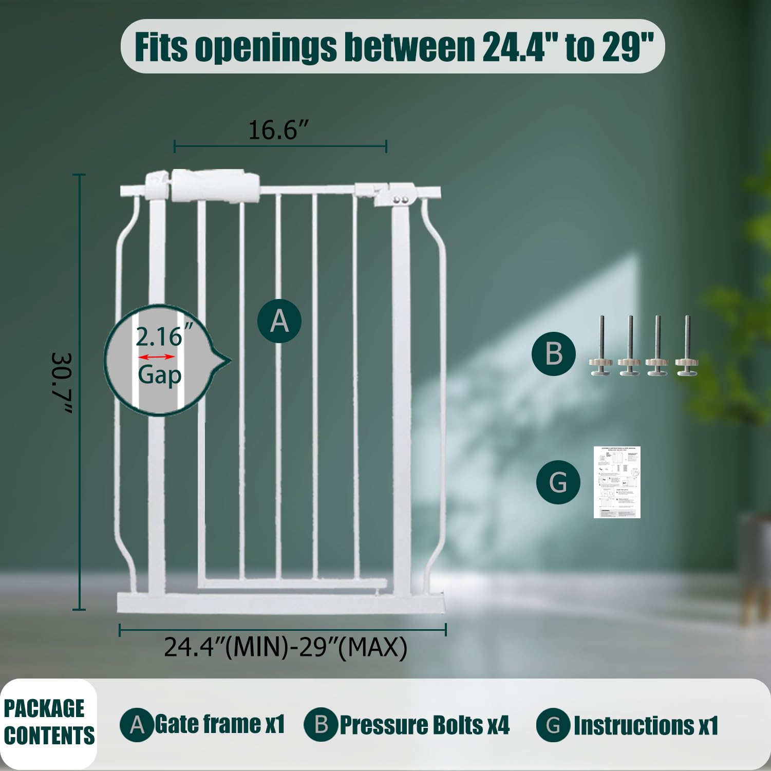 24-29 Inch Narrow Baby Gate, Pressure Mounted No Drilling Dog Gate for Stairs & Doorways, White Metal Safety Gate Indoor for Kid