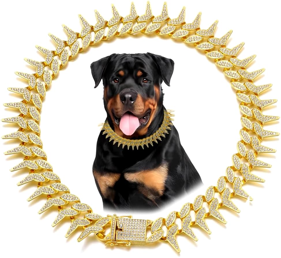 Pimaodog Dog Chain Collar, Side Spiked Style Necklace Bling Diamond Cuban Link Dog Collars Glitter Rhinestone Puppy Collar For F