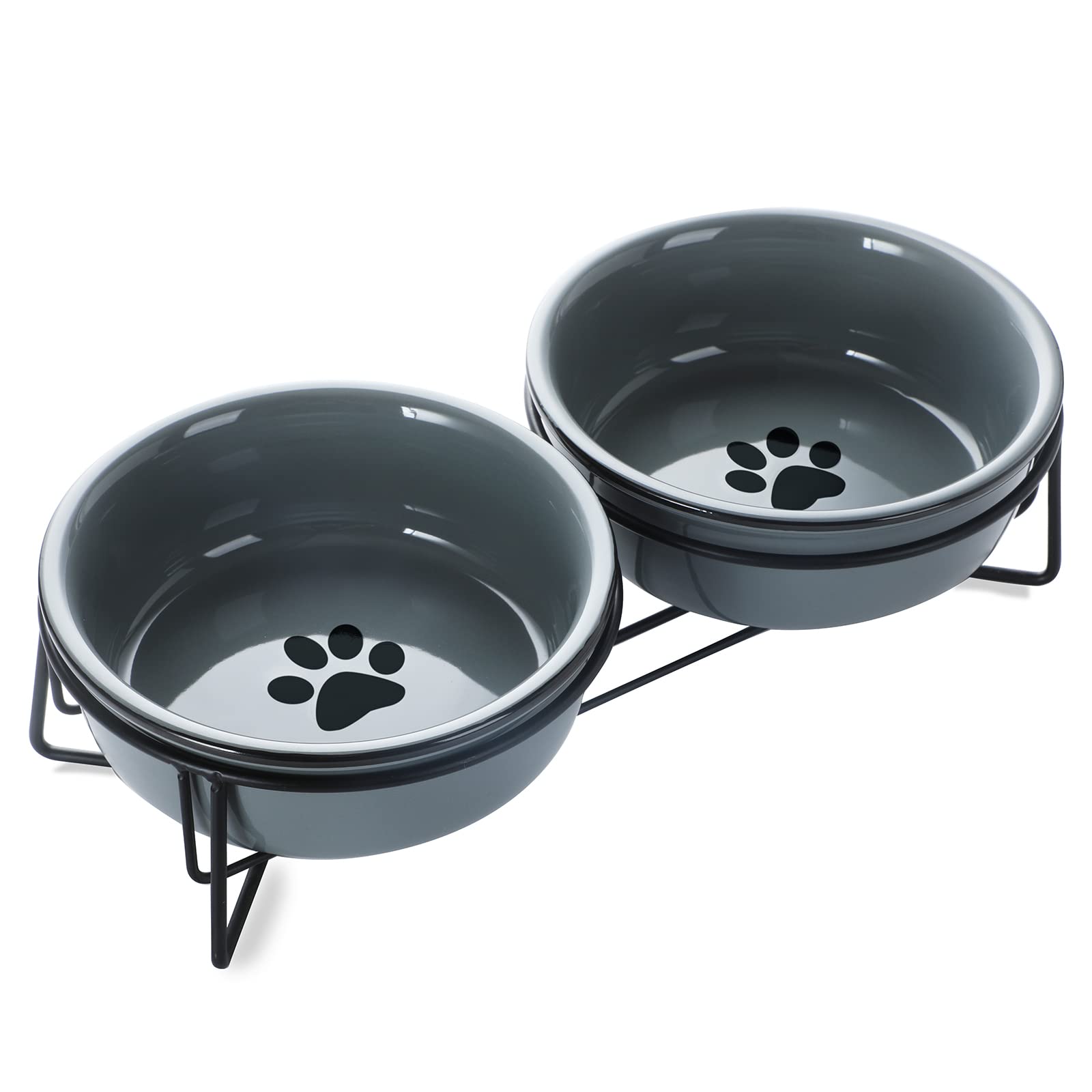 Gdcz Ceramics Raised Cat Small Dog Bowls With Heighten Metal Stand,15 Ounces (Grey)