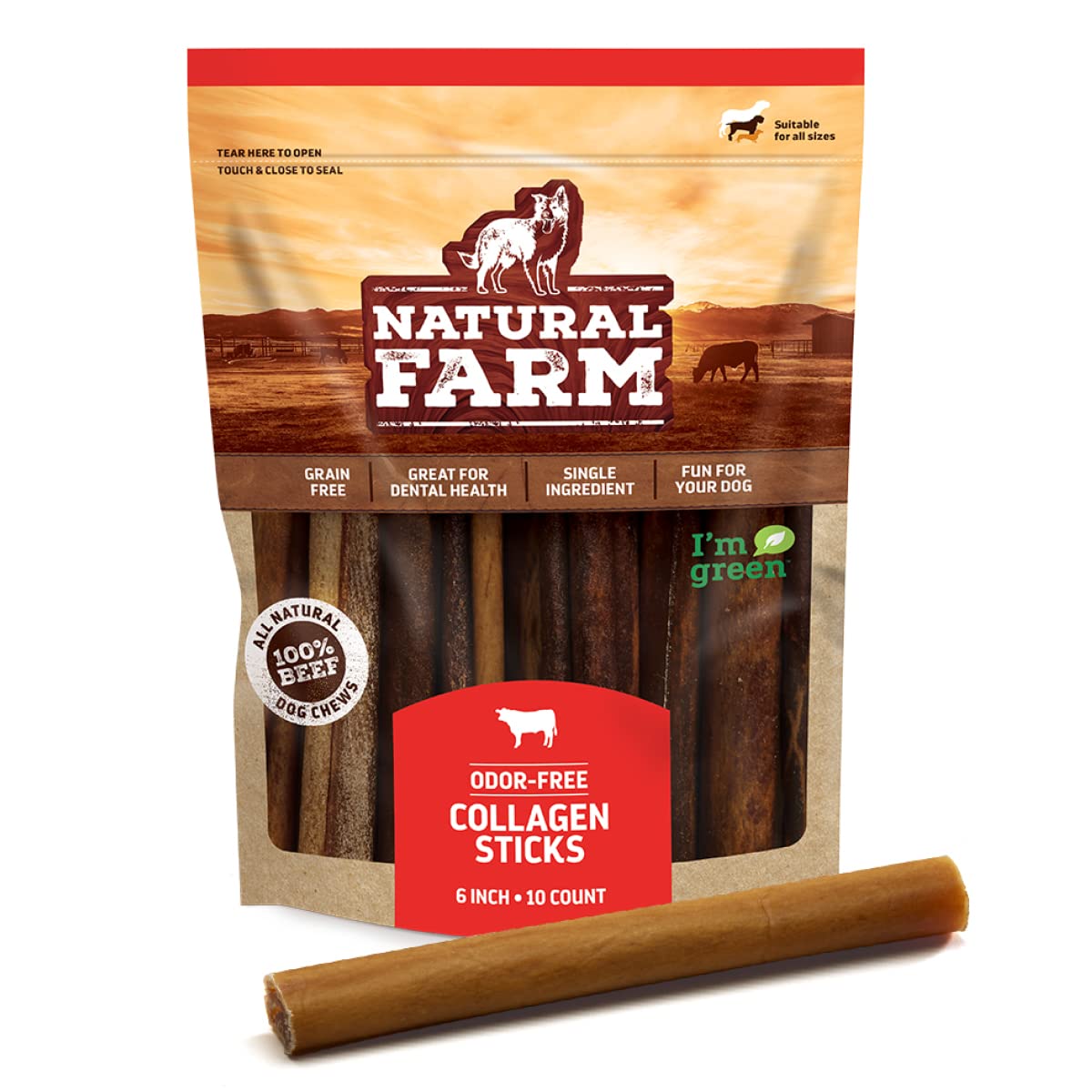 Natural Farm Collagen Dog Chews (6”, 10 Units), Odor-Free Long Lasting Bully Sticks & Rawhide Alternative Dog Treats, 95% Collagen Low Fat, High Protein Best Dental Dog Treats - Medium & Large Dogs